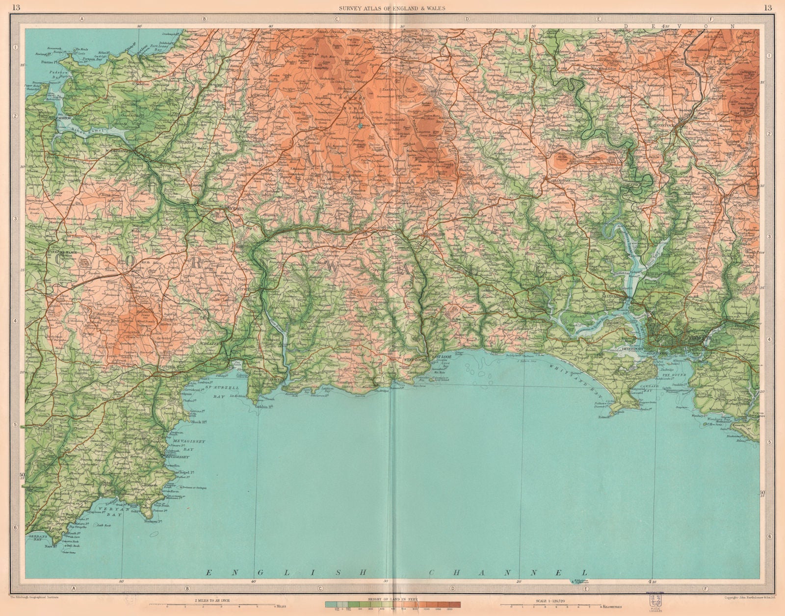 CORNWALL. Bodmin Moor Plymouth Looe Fowey Padstow St Austell . LARGE 1939 map